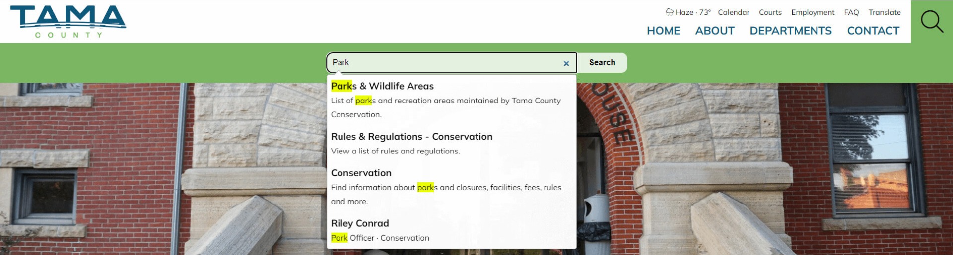 Search tool on the Tama County, Iowa, website. Search for Park